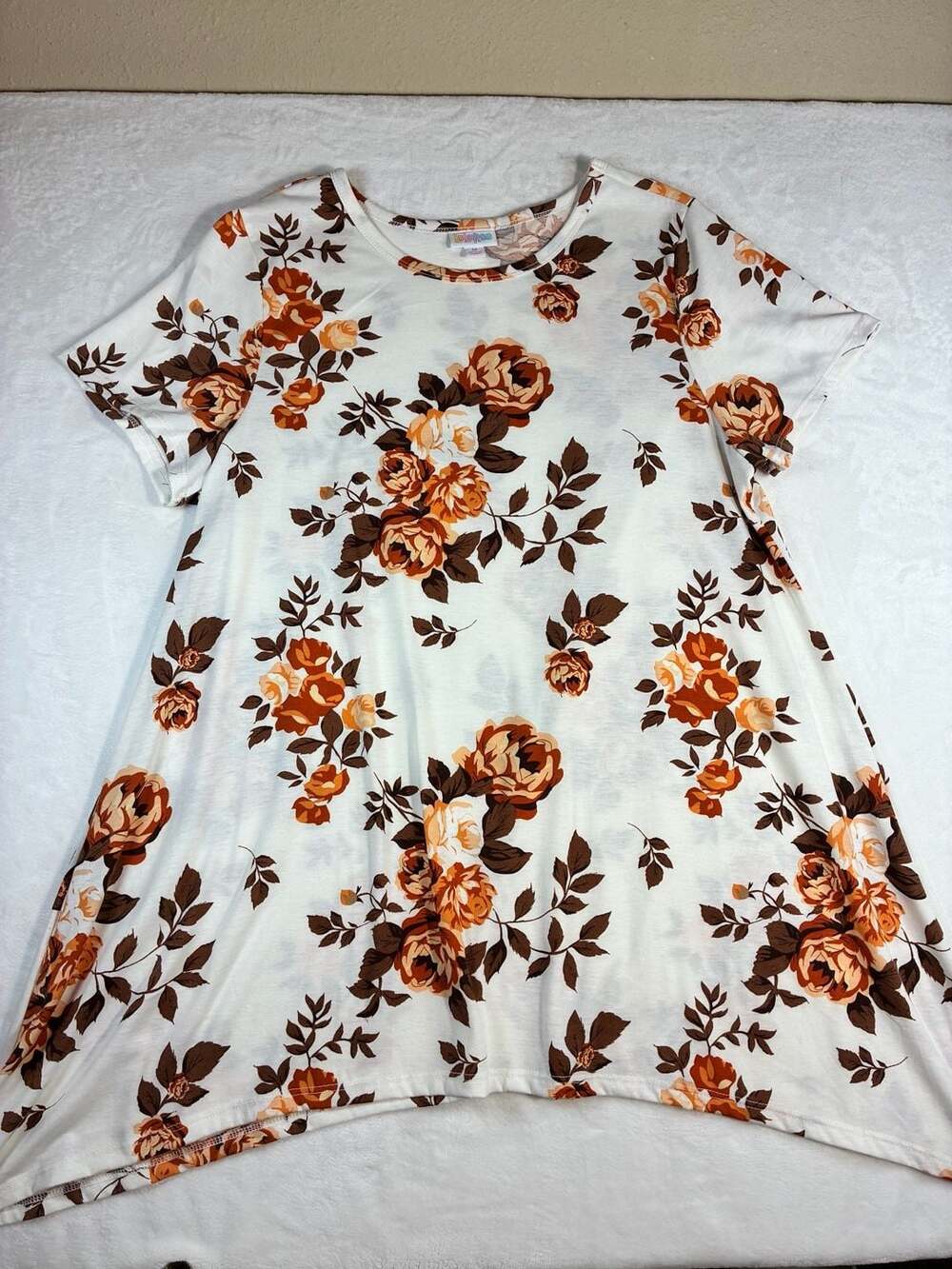 LuLaRoe Tunic Blouse Size M White Orange Brown Floral Short Sleeve Top for Fall